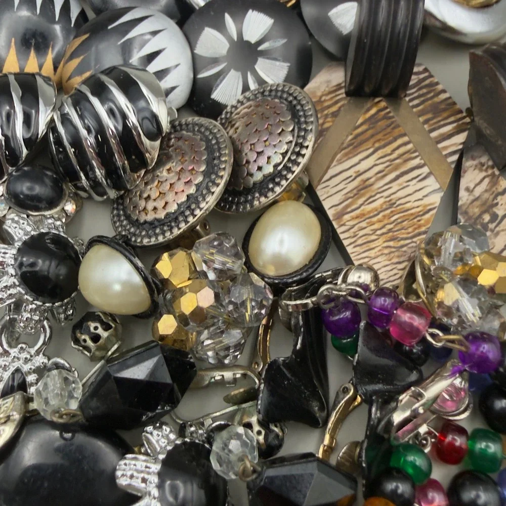 Vintage Clip On Earring Lot 13 Pairs 80s 90s Retro Geometric Pearl Beaded Black